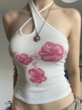 [1pc Y2K Fashion Halter Tank] 1pc Y2K Style Women'S Fashion Halter Neck Tank Top, Floral Print, Polyester Knit Fabric, Regular Length, No Padding - All Seasons Casual Wear
