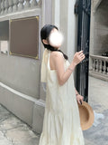 Asian Style Embroidered Polyester Tunic Dress for Women, Elegant Crew Neck Sleeveless Long Summer Dress with Tie-Back Detail and Straight Hem