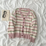 Women's Floral Cardigan Pointelle Knit V-neck Sweater Jacket Top Long Sleeved Button-up Cardi Soft Knitwear Korean Style Outfit