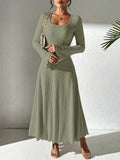 Autumn/Winter Fashion Women's A-Line Ribbed Knit Dress, V-Neck, Ruffled Hem, Solid Color, Polyester, Adult Size, 99080719