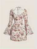 [High Stretch Halter Neck Dress] Elegant Floral Halter Neck Dress with Bell Sleeves - High Stretch, Machine Washable - Perfect for Spring/Summer/Fall, Long Sleeve