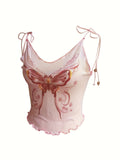 Butterfly Print Tie Shoulder Top, Y2K Sleeveless Crop Cami Top for Spring & Summer, Women's Clothing, Sexy Retro, Flower, Wood Ear, Suspenders