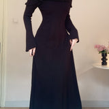 Long Sleeve 3D Floral Off-Shoulder Knit Dress - Solid Color, Regular Fit, A-Line, Winter Fashion, Sweater Knit Fabric