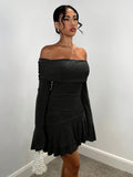 1pc Elegant Off-Shoulder Flare Sleeve Ruffle Hem Solid Color Bodycon Dress for Women, Polyester, All Seasons