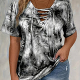 Women'S Plus Size Tie Dye Print Short Sleeve T-Shirt, Casual Loose Fit Tee with Lace-Up Drape Neck, Polyester 95% Spandex 5% Knit Fabric, Medium Stretch, Spring/Summer Pullovers, 175g/m² - Purple