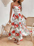 Womens Spring/Summer Chic Maxi Dress - Adjustable Spaghetti Straps, Floral Print, Elegant High Slit - Versatile Day-to-Night Wear
