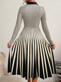 1pc Women'S Elegant Striped Collar Long Sleeve Midi Dress, Polyester Knit Fabric, Regular Fit, Autumn Season, Casual Chic for Daily Wear