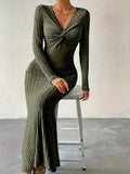Elegant Olive Green Ribbed Midi Dress for Women - V-Neck with Twist Front Detail, Long Sleeves, Stretch Polyester, Machine Washable - Chic & Stylish, Stylish Office Attire|Knotted Waist Dress|Flattering