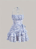 [Floral Print Halter Dress] Floral Print Layered Ruffle Hem Halter Dress, Elegant Sleeveless Dress For Spring & Summer, Women's Clothing