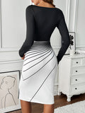 Gradient Print Square Neck Slim Dress, Elegant Long Sleeve Split Hem Pencil Dress For Spring & Fall, Women's Clothing