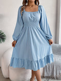 Stunning Ruffle Hem A-Line Dress - Women's Elegant Solid Color Square Neck Backless Shirred Clothing with Lantern Sleeves - Perfect for Formal Occasions and Parties