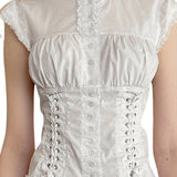 Crew Neck Cap Sleeve Button Down T-Shirt - Cross Tie-up Front Lace Trim Tops for Women