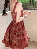 Chic French Vintage Ballet-Inspired Red & White Plaid Sundress with Lace Trim - Sleeveless, A-Line Mini Dress for Petite Women, Sweet & Spicy Style, Machine Washable
