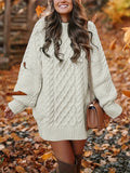Women's Long Sleeve Cable Knit Dress, Casual Solid Color Crew Neck Loose Fit Knitted Dress for Everyday Wear