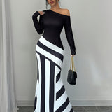 Elegant Women's Off-Shoulder Striped Maxi Dress - Chic Black & White Design with Ruffled Hem, Long Sleeves, Machine Washable, Polyester Blend