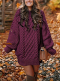 Women's Long Sleeve Cable Knit Dress, Casual Solid Color Crew Neck Loose Fit Knitted Dress for Everyday Wear