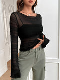 Solid Textured Mesh Slim T-Shirt, Casual Long Sleeve T-Shirt For Spring & Fall, Women's Clothing
