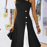 Elegant Black Midi Dress with White Strap and Button Details - Vintage-Inspired, Stretchy Polyester Blend, One-Shoulder Design, Machine Washable - Chic Summer & Autumn Women's Fashion