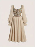 Polyester Blend Long Sleeve Dress - Casual, Loose Fit, Solid Color, Flared Hem, Ruffle Detail, Square Neckline for Spring/Summer
