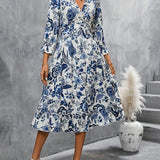[Elegant Celadon Style Print Dress] Women'S Elegant Print Temperament Casual Celadon Style Dress