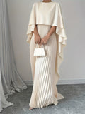 Pleated Non-Stretch Polyester Elegant Solid Color Dress - Integrated Cape Shawl, Machine Washable, Perfect for All Seasons - Middle East Special Project Style