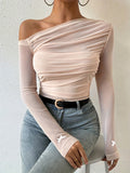 Semi-Sheer Stretchy Polyester Blend Off-Shoulder Ruched Long Sleeve Top with Bow Detail - Elegant for Women - Perfect for Fall/Winter voguable
