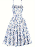 Summer 100% Polyester Vintage Floral Dress for Women - Spaghetti Strap A-Line Pendulum Style with Faux Drawstring Detail, Ideal for Parties and Casual Wear