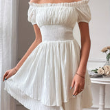 Elegant Off-Shoulder Square Neck Dress, 100% Polyester Solid Color A-Line Mini Dress for Women, Spring/Summer Woven Fabric, Occasion Wear | Ruffled Bodice | Polyester Fabric, Cute Dresses