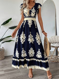 [100% Polyester V-Neck Midi Dress] Spring/Summer Floral Print V-Neck Dress with Flutter Sleeves and Waist Cinch, A-Line Midi, 100% Polyester - Machine Washable, Fly Fly Sleeves, A-Line voguable