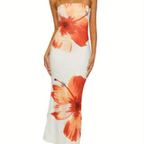 [Offshoulder Dress] Elegant Women's Off-Shoulder Floral Print Sleeveless Maxi Dress - Slim Fit, Backless Design with Vibrant Pink & Black Flowers, Perfect for Parties & Clubs, Blend, Machine Washable