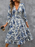 [Elegant Celadon Style Print Dress] Women'S Elegant Print Temperament Casual Celadon Style Dress