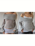 Unique Grey Off-Shoulder Sweater - Chic Boat Neck Long Slim-Fit Knit Top with Bow Detail, Machine Washable, Casual Style for Spring/Fall, Classic Leisure Sweater for Ladies
