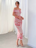 Elegant Floral Print Off Shoulder Dress - Backless Slim Side Split for Party & Banquet - Women's Clothing