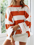 Long Sleeve Acrylic Pullover Sweater - Women's Casual Rib-Knit Crew Neck, Drop Shoulder, Loose Fit, Solid Color, All Season Knit Fabric Top