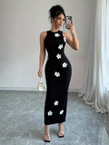 Elegant Women's Sleeveless Maxi Dress with 3D Floral Design - Chic Round Neck, Stretchy Polyester Blend, Machine Washable - Perfect for All Seasons