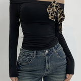 Y2K-Inspired Off-Shoulder Tie-Front Top - Slim Fit, Long Sleeve, Solid Color Women's Tee for Spring/Summer/Fall, Sexy, One-Shoulder