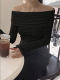 Chic Off-Shoulder Long Sleeve T-Shirt for Women - Solid Color, Stretchy Polyester, Machine Washable - Perfect for Spring/Summer/Fall