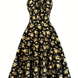 Summer 100% Polyester Vintage Floral Dress for Women - Spaghetti Strap A-Line Pendulum Style with Faux Drawstring Detail, Ideal for Parties and Casual Wear