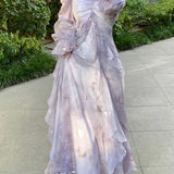 [Misty Dress] Misty Blue-Gray Dress | Long Sleeves, Ruffled Hem, Butterfly Design And Golden Accents - Perfect for Early Autumn