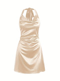 Sexy Satin Cowl Neck Halter Dress - Backless Mini Dress for Evening Party - Women's Clothing