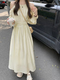 New Style High-end Long-Sleeved Dress with Exposed Shoulders and Waist for Women, Slimming A-line Dress