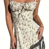 [Trendy Ruched Tie Front Cami Dress] Milkmaid Dress, Ditsy Floral Dress, Corseted Dress, Midriff Waist Shaper, Trendy Women's Ruched Tie Front Split Thigh Cami Dress Sleeveless Womenswear Comfortable