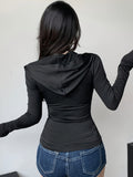 [Solid Zip Up Hooded Jacket] Y2K Solid Zip Up Hooded Jacket, Slim-Fit Long Sleeve Jacket For Spring & Fall, Women's Clothing