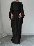 Pleated Non-Stretch Polyester Elegant Solid Color Dress - Integrated Cape Shawl, Machine Washable, Perfect for All Seasons - Middle East Special Project Style