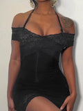 Black Halter Lace Patched Off Shoulder Dress