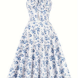 Summer 100% Polyester Vintage Floral Dress for Women - Spaghetti Strap A-Line Pendulum Style with Faux Drawstring Detail, Ideal for Parties and Casual Wear