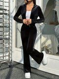 Casual Solid Color Slim Fit Two-piece Pants Set, Long Sleeve Zipper Front Top & Skinny High Waist Pants Outfits, Women's Clothing