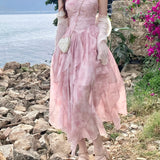 French Style First Love Cherry Blossom Pink Tie-Dye Suspender Dress Vacation Style Fairy Style Gradient Dyeing Women's Summer Floral Irregular Hem Vacation Long Dress