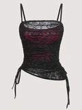 Elegant Floral Lace & Velvet Off-Shoulder Cami Top for Women with Side Drawstring Detail - Machine Washable, Perfect for Spring/Summer/Fall