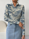 Tie Dye Zipper Collared T-Shirt, Casual Long Sleeve T-Shirt For Spring & Fall, Women's Clothing